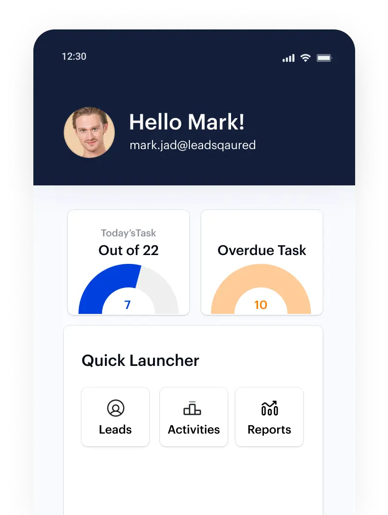 Mobile CRM app interface showing a field sales agent accessing nearby leads, making calls, and updating lead status while on the move